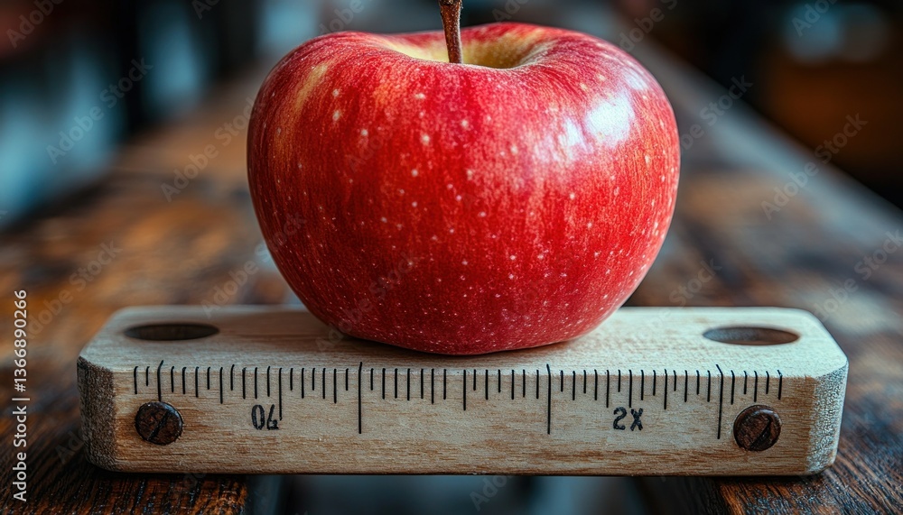 Poster fresh red apple on wooden ruler displaying measurement in rustic setting