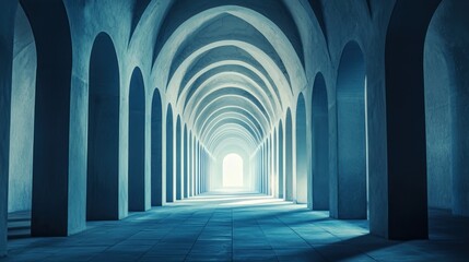 Obraz premium A symmetrical corridor with infinite arches leading to a bright light.