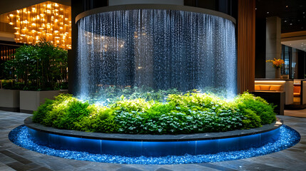 Circular Water Feature with Lush Plants and Gold Lighting