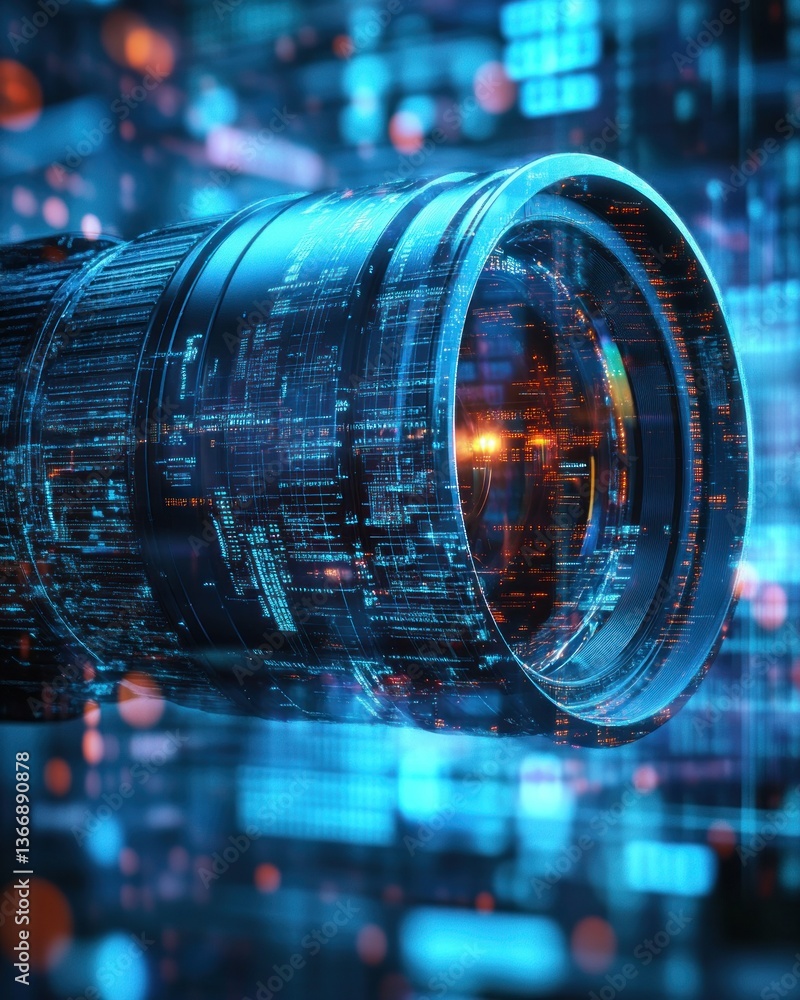 Poster futuristic camera lens surrounded by digital data and glowing circuits