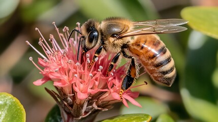Bee pollinating pink flower, garden, sunny day, nature photography, website