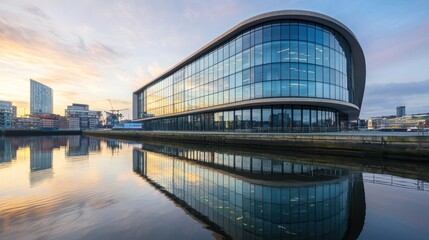 A modern corporate building with large tinted glass panels, city reflections.