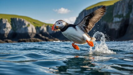 Puffin Taking Flight from Ocean Water with Lush Green Coastline