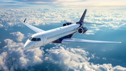 Obraz premium A commercial airplane soaring through the sky with clouds in the background.