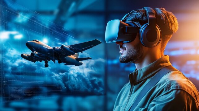 A VR developer creating AI enhanced virtual environments for training pilots in a VR training lab, advanced VR lab with AI-powered flight simulation systems, Scientific style