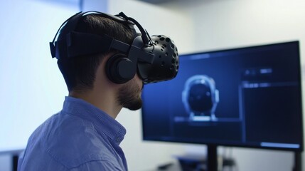 A VR developer creating AI enhanced virtual learning environments in a state of the art VR lab, high-tech VR facility with machine learning integration for immersive simulations, Scientific style