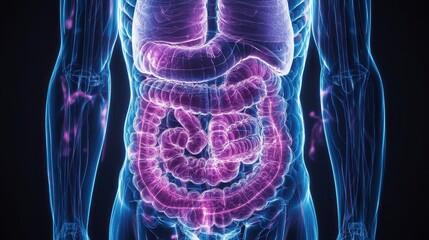 Detailed Human Anatomy Illustration of Digestive System with Vibrant Colors and Glowing Effects Showcasing Internal Organs