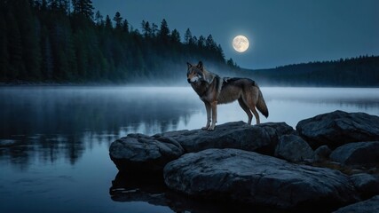 Wolf standing on rocks at night by lake under full moon