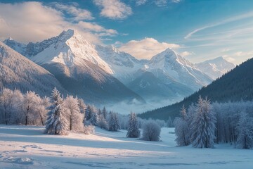 Stunning Winter Landscape with Snow-Capped Mountains and Majestic Forests