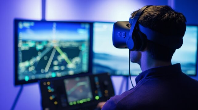 A VR developer designing AI enhanced simulations for flight training in a virtual reality lab, immersive VR lab with AI-powered flight simulators for pilot training, Scientific style