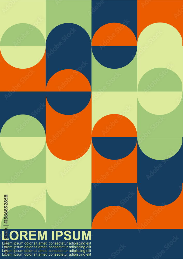 Poster modern vector abstract geometric background with circles, rectangles and squares in retro scandinavi