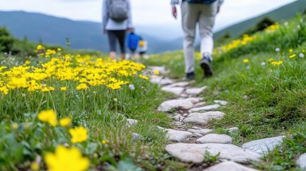 Fototapeta premium Family hiking on a flower-filled mountain trail