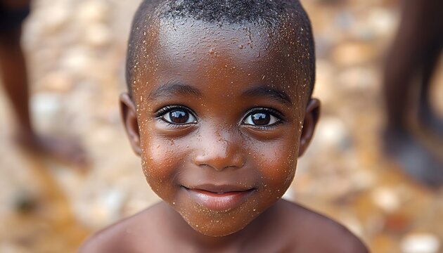 Smiling young child with dark skin looks directly at camera