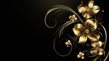 Ornate gold flowers on black background. Decorative design. Possible use for invitation, greeting card