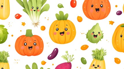 Fototapeta premium A whimsical seamless pattern featuring a variety of smiling cartoon inspired vegetables such as pumpkins carrots broccoli and eggplants in a vibrant natural color palette