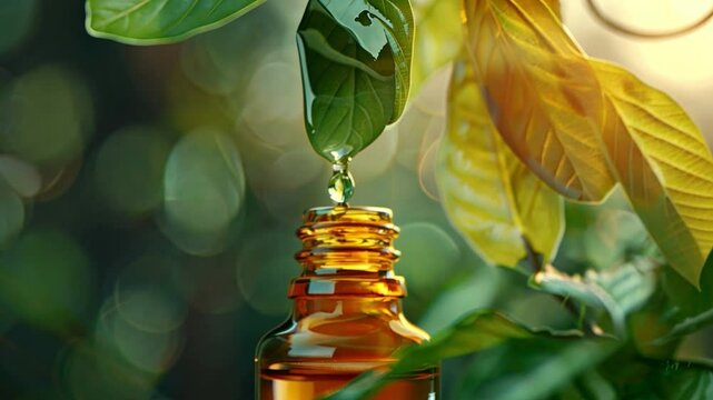 Essence of Nature: A close-up shot captures the delicate moment a drop of essential oil falls from a green leaf into a small glass bottle, highlighting the freshness and natural origin of the product.