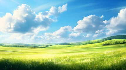 Fototapeta premium Serene Summer Meadow Landscape Under Blue Sky of excellence in splendor beyond compare with grace