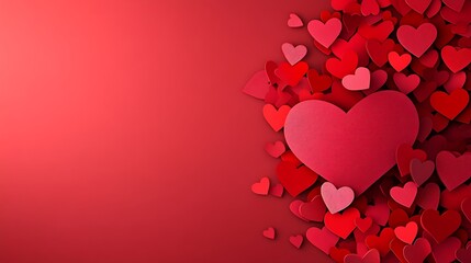 Valentine's Day background with red and pink hearts on the right side, empty space for text or message, flat lay