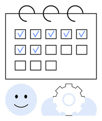 Calendar grid with check marks, a smiling face, and a gear icon symbolizing task completion, efficiency, and satisfaction. Ideal for time management, planning, organization, workflow productivity