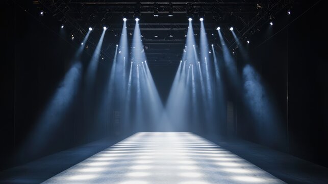 A dimly lit runway with spotlights illuminating the catwalk.