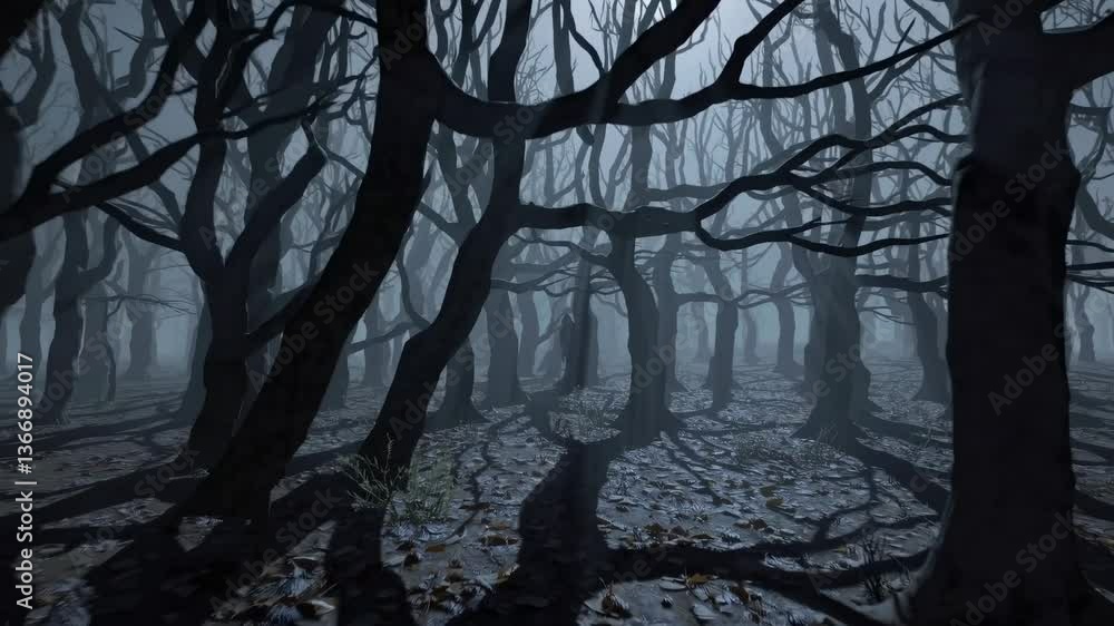 Poster eerie forest scene with twisted trees, captured from a low-angle, creating a haunting atmosphere. pe