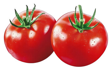 Isolated Photo of Two Ripe Red Tomatoes with Green Stems on Transparent Background