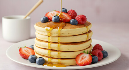 Stacked Pancakes Drizzled With Honey And Berries