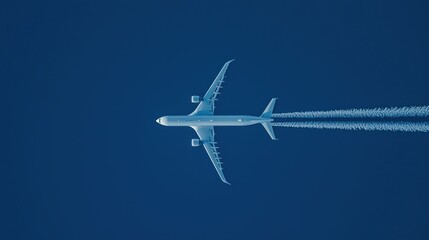 Obraz premium A commercial airplane soaring through a bright blue sky.