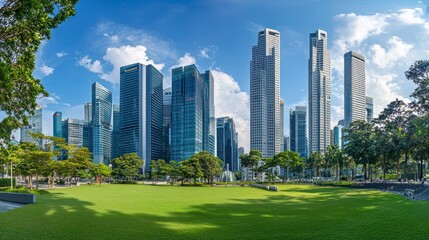 Obraz premium Financial district with towering glass buildings.