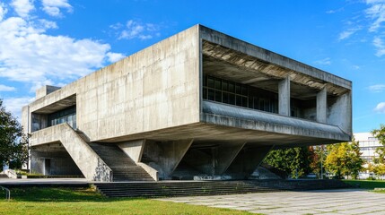 Heavy brutalist structure with sharp, clean lines.
