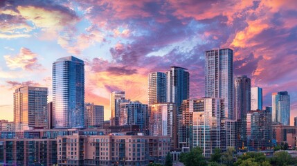Fototapeta premium Modern urban skyline with high-rise buildings at sunset.
