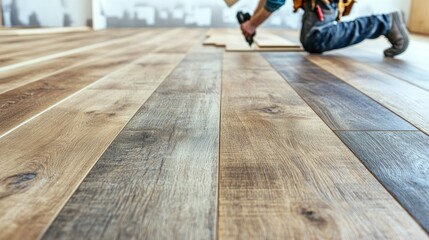 Construction Worker Installing Wooden Floor Planks in Modern Interior Space