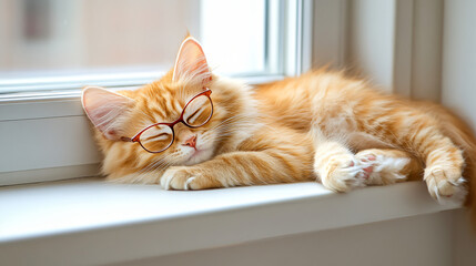 Playful cat sporting stylish glasses with a fun personality lounging comfortably on a sunny windowsill enjoying the warmth.