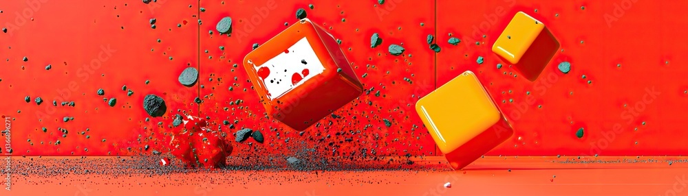 Poster dynamic colorful cubes splashing in red environment action scene abstract art concept