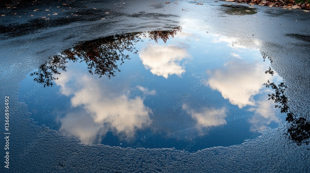 Poster reflection of clouds in a puddle on a wet surface after rainfall