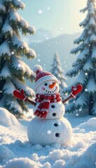 Naklejka premium Whimsical snowman in serene winter landscape with frosty trees and soft snowfall, peaceful atmosphere, frosty landscape, snow covered trees