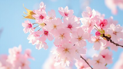 Obraz premium Pink cherry blossoms in full bloom under clear blue sky, with close - up of delicate petals and vibrant colors, creating an elegant and serene atmosphere.