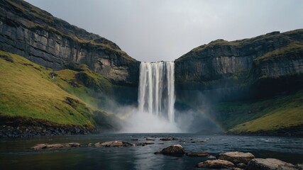 Majestic Waterfall Cascading Between Green Hills with Rainbow and Dark Water