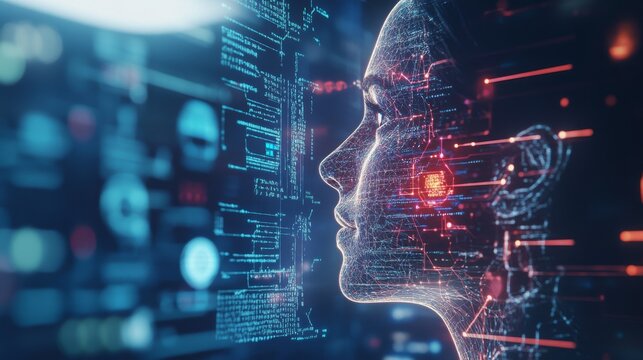 AI researcher developing natural language processing systems, tech office with AI coding displays and NLP algorithms, Scientific-tech style