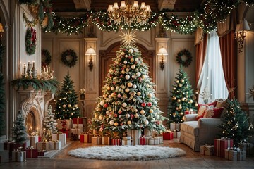 Obraz premium Enchanting Winter Holiday Scene with Beautifully Decorated Christmas Tree and Cozy Ambiance