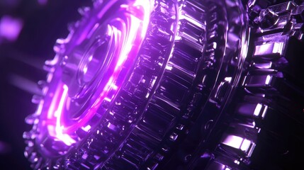 Highly detailed actuator gears interlocked in perfect motion, bathed in a deep neon purple glow