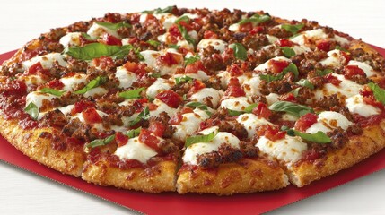 Meaty, cheesy pizza with basil topping