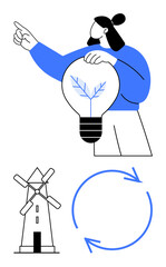 Person holding eco-inspired light bulb, windmill, and circular arrows signify renewable energy, sustainability, and innovation. Ideal for ecology, green energy, recycling, eco-awareness creativity