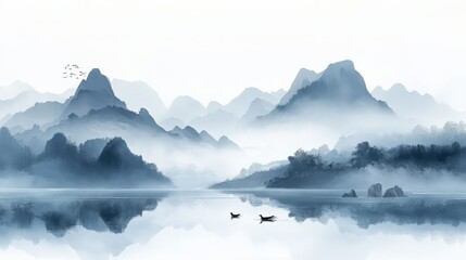 Peaceful Mountain Scenery in Misty Blue Tones