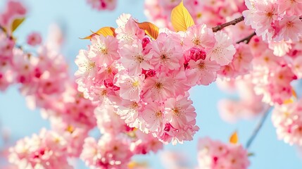 Fototapeta premium Pink cherry blossoms in full bloom under clear blue sky, with close - up of delicate petals and vibrant colors, creating an elegant and serene atmosphere.