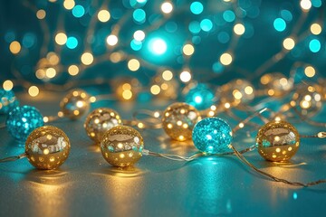 Enchanting Gold and Turquoise Fairy Lights for a Dreamy Celebration Background