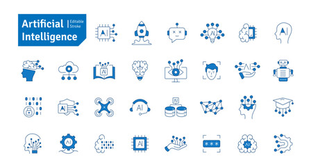 Artificial Intelligence Blue Line Icons Set. Machine Learning, AI, Brain, Robot, Bot, Technology, Micro Chip, Mind, Cloud Computing, Algorithm Icons Editable Stroke Vector Illustration