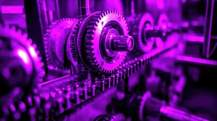 Mechanical actuator gears and pistons carefully arranged with neon purple backlighting, giving a sci-fi technology vibe