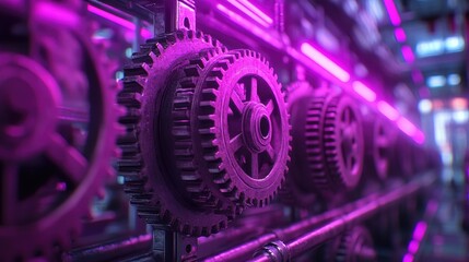 Mechanical actuator gears and pistons carefully arranged with neon purple backlighting, giving a sci-fi technology vibe