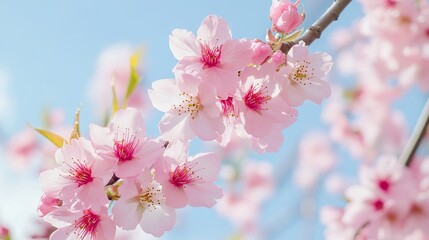 Fototapeta premium Pink cherry blossoms in full bloom under clear blue sky, with close - up of delicate petals and vibrant colors, creating an elegant and serene atmosphere.